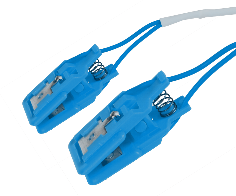 Pár ušních elektrod Sn (cín), plastový klips: modrá