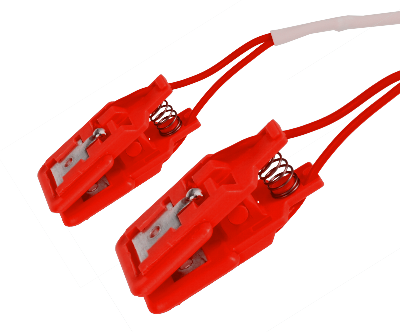 Pár ušních elektrod Sn (cín), plastový klips: červená